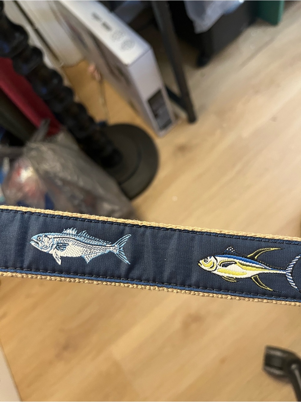 Navy Embroidered Fish Ribbon Belt - Wolf wide Sportsman by Leather Man LTD. SIZE